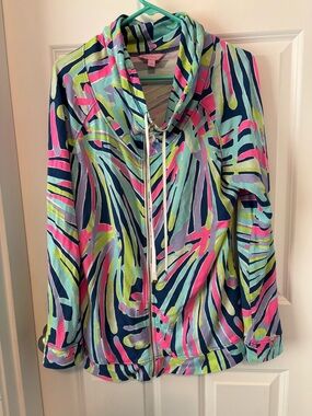 Lilly Pulitzer Angela Indigo Sea Dreaming Print Zip-Up Cowl Neck Jacket Sz L EUC